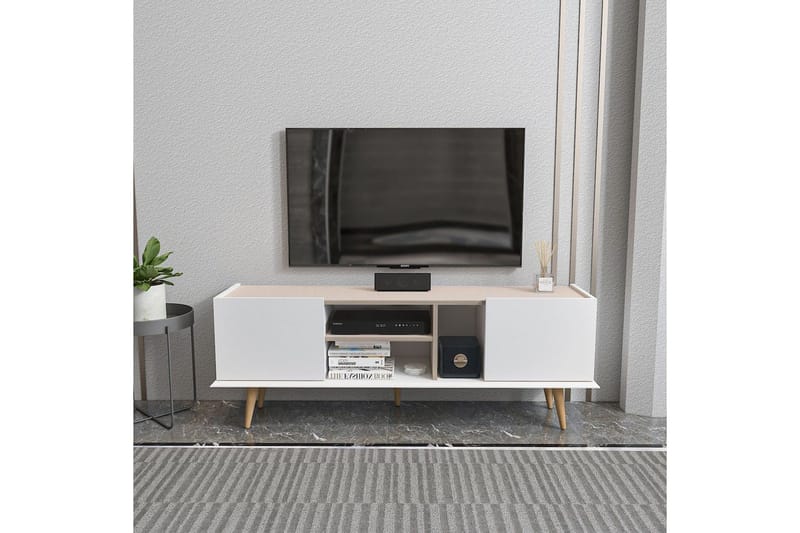 Corvo Golvstående Tv-bänk 154,4 cm med Förvaring i Målat Trä - Vit|Beige - Möbler - Tv möbel & mediamöbel - TV bänk & mediabänk