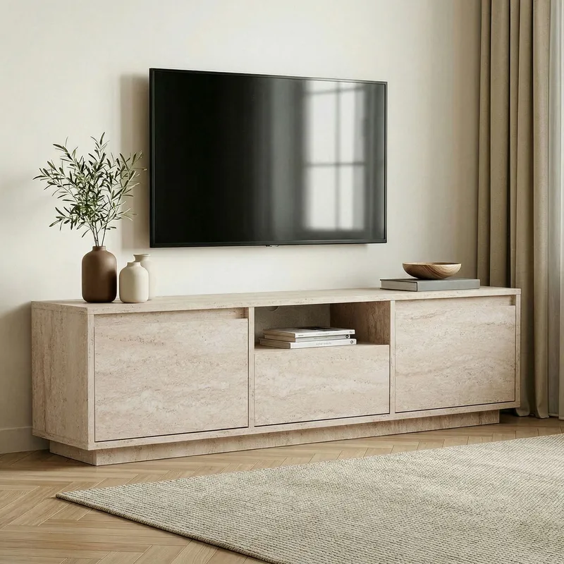 Domar TV-bänk 160 cm med Förvaring och Travertinutseende - Beige - Möbler - Tv möbel & mediamöbel - TV bänk & mediabänk