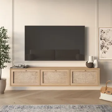 Dune Vägghängd TV Bänk 180 cm med Förvaring i Trä med Rottingdetaljer - Beige - Möbler - Tv möbel & mediamöbel - TV bänk & mediabänk