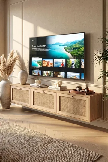 Dune Vägghängd TV Bänk 180 cm med Förvaring i Trä med Rottingdetaljer - Beige - Möbler - Tv möbel & mediamöbel - TV bänk & mediabänk