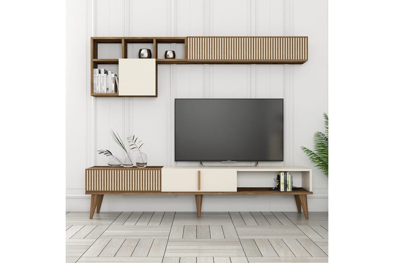 Lissione Golvstående Tv-bänk 180 cm med Förvaring i Valnöt - Gräddvit - Möbler - Tv möbel & mediamöbel - TV bänk & mediabänk