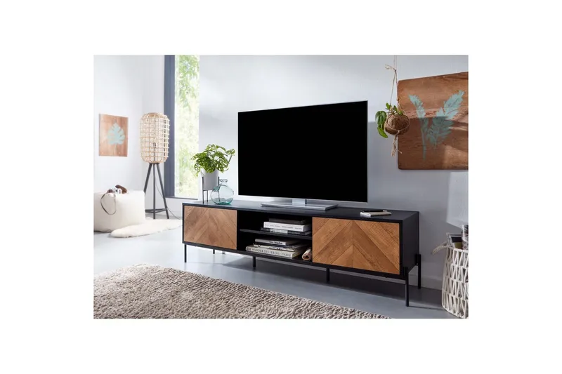 Lowboard Wohnling Ekfanerad med 2 dörrar Förvaringsbrickor Metallben Lantlig stil - Möbler - Tv möbel & mediamöbel - TV bänk & mediabänk