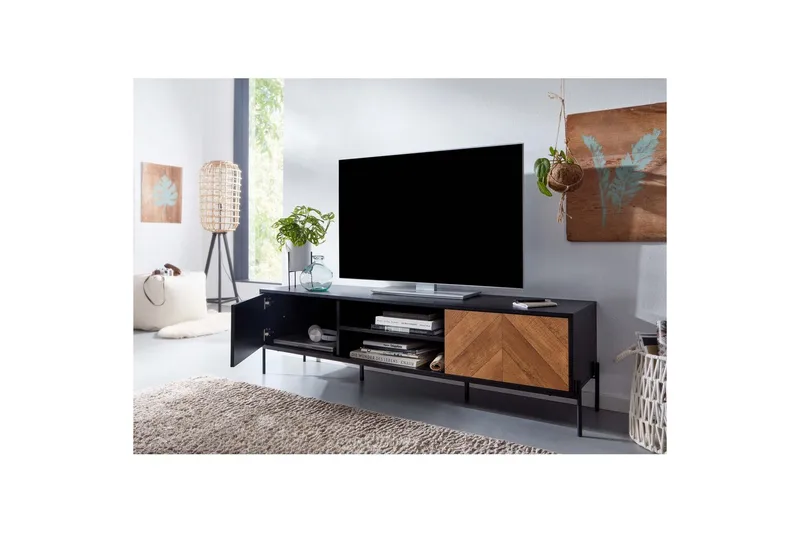 Lowboard Wohnling Ekfanerad med 2 dörrar Förvaringsbrickor Metallben Lantlig stil - Möbler - Tv möbel & mediamöbel - TV bänk & mediabänk