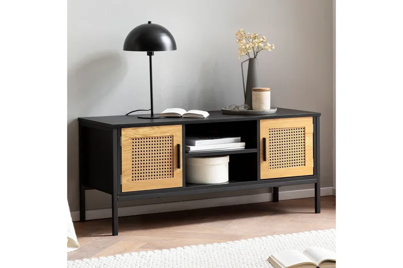 Lowboard Wohnling spånskiva folierad med 2 skjutdörrar, wienflät, modern stil Svart, Ek - Svart, Ek - Möbler - Tv möbel & mediamöbel - TV bänk & mediabänk