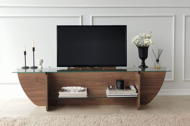 Andifli Golvstående TV-bänk 158 cm med Förvaring i Trä med Glasskiva - Brun - Möbler - Tv möbel & mediamöbel - TV bänk & mediabänk
