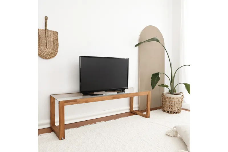 Sqandie Golvstående Tv Bänk 130 cm i Glas med Träram - Klar - Möbler - Tv möbel & mediamöbel - TV bänk & mediabänk