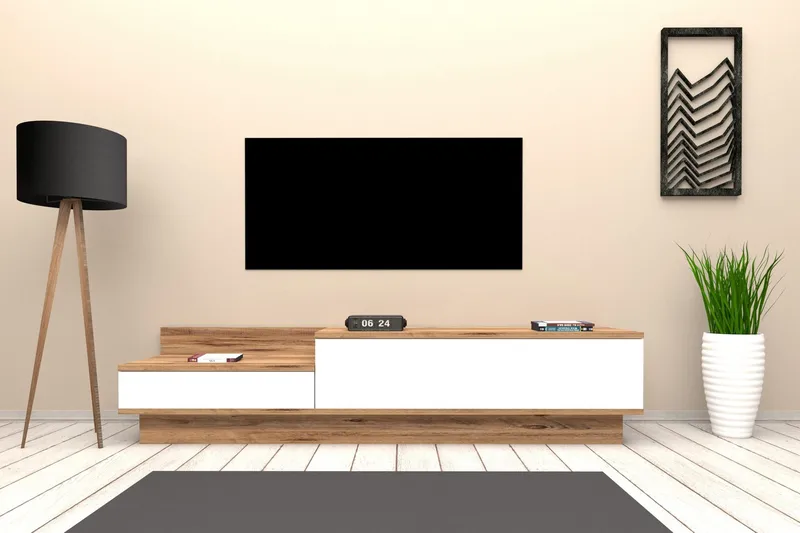 Tv-bänk 160 cm 2 Skåp - Vit/Natur - Möbler - Tv möbel & mediamöbel - TV bänk & mediabänk