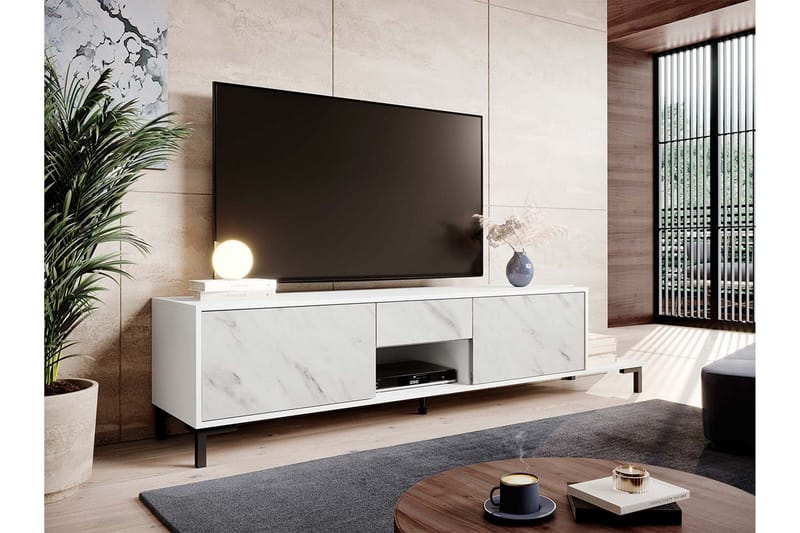 Tv Golvstående Tv Bänk 195 cm med Förvaring i Trä - Vit - Möbler - Tv möbel & mediamöbel - TV bänk & mediabänk