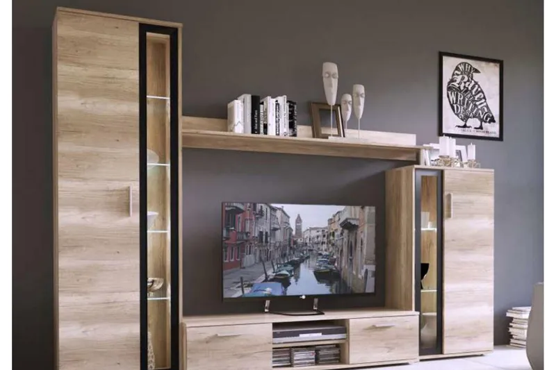 Olerum TV-möbelset, Ek/Svart/Led-Belysning