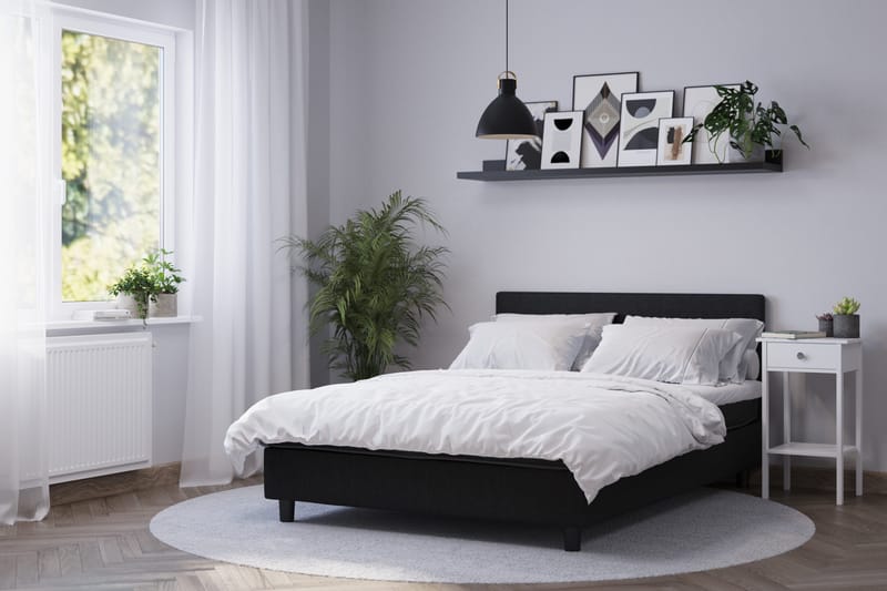 Billingen Komplett Sängpaket – Kontinentalsäng 180x200 cm i Tyg med Sänggavel + Bäddmadrass med Fasthetsgrad Medium - Svart - Möbler - Säng - Kontinentalsäng