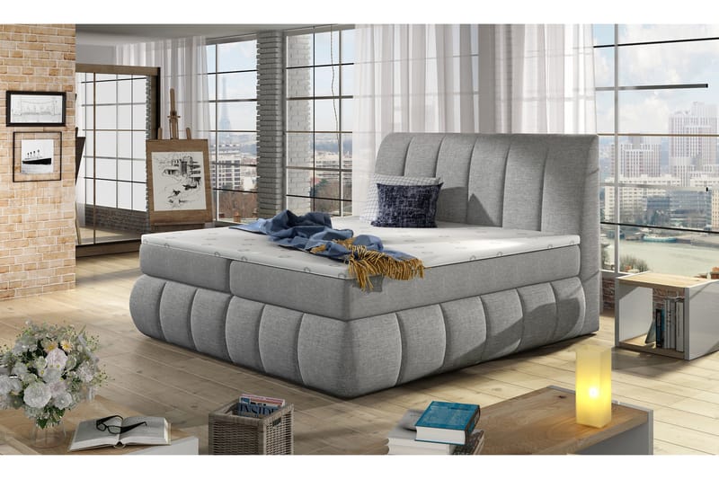 Fabara Komplett Sängpaket – Ramsäng 180x200 cm i Tyg med Sänggavel + Bäddmadrass, Grå