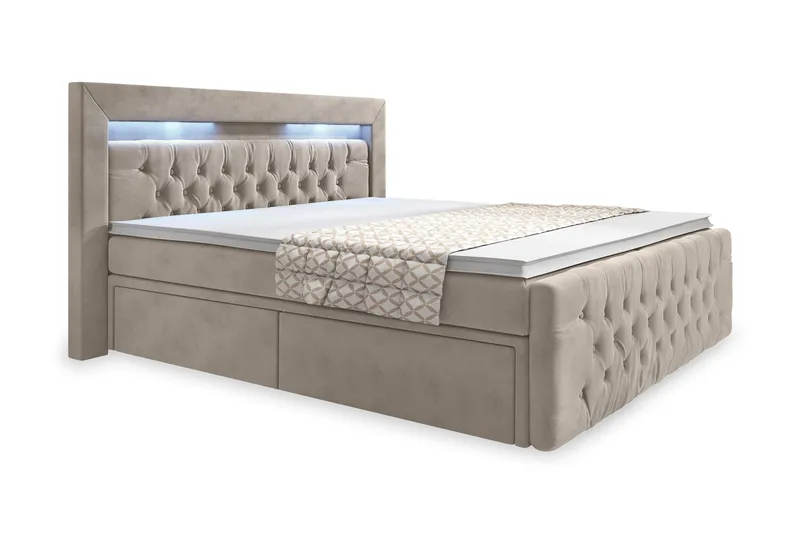 Franco Komplett Sängpaket med Lyftförvaring LED-belysning 180x200 - Beige / Sammet - Möbler - Säng - Komplett sängpaket