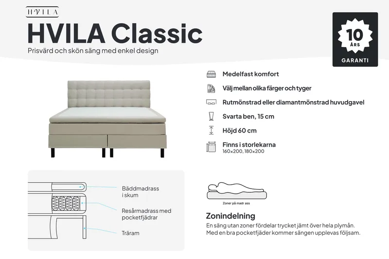 HVILA Classic Komplett Sängpaket 160x200 cm Kontinentalsäng med diamant sänggavel - Beige - Möbler - Säng - Komplett sängpaket