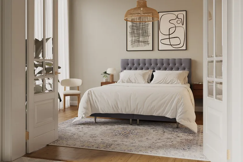 HVILA Lyx Komplett Sängpaket 180x200 cm Kontinentalsäng med knappad sänggavel i sammet - Grå - Möbler - Säng - Kontinentalsäng