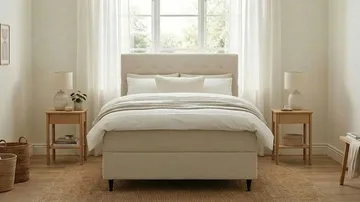 HVILA Plus Komplett Sängpaket – Kontinentalsäng 140x200 cm i Tyg med Förvaring, Sänggavel + Bäddmadrass med Fasthetsgrad Mediumfast - Ljusbeige - Möbler - Säng - Komplett sängpaket