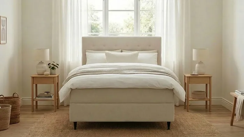 HVILA Plus Komplett Sängpaket – Kontinentalsäng 140x200 cm i Tyg med Förvaring, Sänggavel + Bäddmadrass med Fasthetsgrad Mediumfast - Ljusbeige - Möbler - Säng - Komplett sängpaket