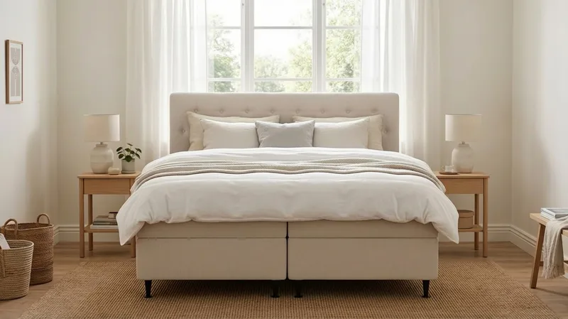 HVILA Plus Komplett Sängpaket – Kontinentalsäng 160x200 cm i Tyg med Förvaring, Sänggavel + Bäddmadrass med Fasthetsgrad Mediumfast - Ljusbeige - Möbler - Säng - Komplett sängpaket