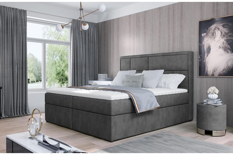Emeron Komplett Sängpaket 180x200 cm i Tyg med Sänggavel + Bäddmadrass, Grå