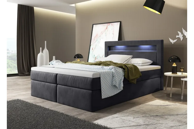 Oscar Komplett Sängpaket – Kontinentalsäng 180x200 cm i Sammet med Sänggavel + Bäddmadrass, Antracit