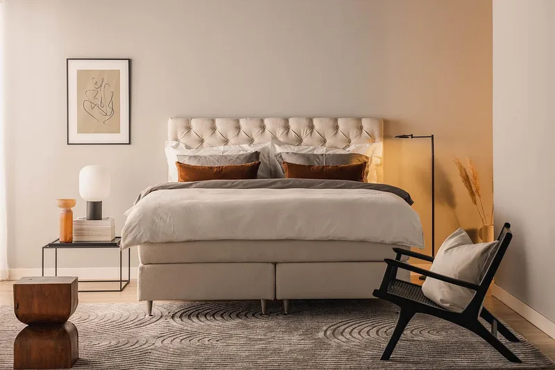 Oslo Lyx Sängpaket Boucle 160x200 Djuphäftad gavel - Ljusbeige - Möbler - Säng - Kontinentalsäng