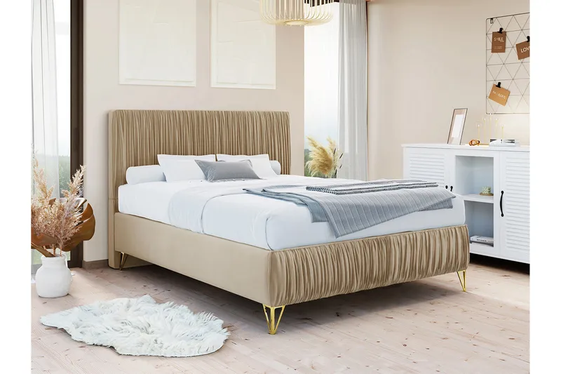 Gortin Komplett Sängpaket – Ramsäng 120x200 cm i Sammet med Sänggavel + Bäddmadrass - Beige - Möbler - Säng - Komplett sängpaket