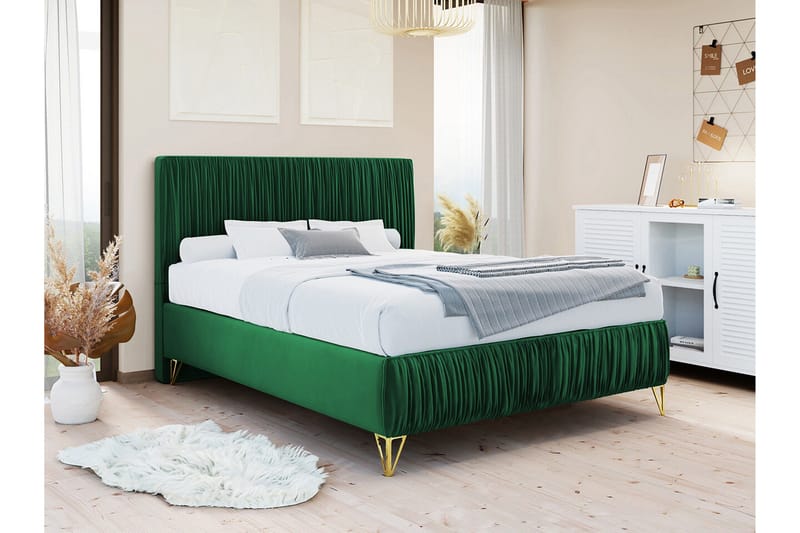 Gortin Komplett Sängpaket – Ramsäng 120x200 cm i Sammet med Sänggavel + Bäddmadrass - Grön - Möbler - Säng - Komplett sängpaket