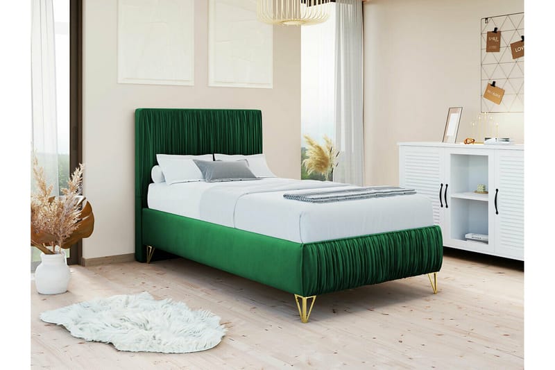 Gortin Komplett Sängpaket – Ramsäng 80x200 cm i Sammet med Sänggavel + Bäddmadrass - Grön - Möbler - Säng - Komplett sängpaket
