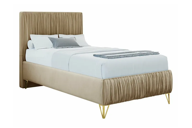 Gortin Komplett Sängpaket – Ramsäng 90x200 cm i Sammet med Sänggavel + Bäddmadrass, Beige