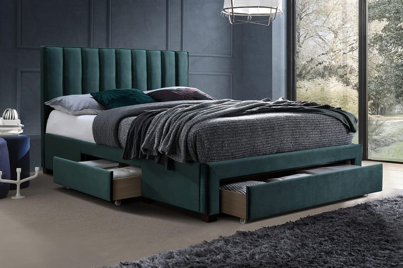 Grace Komplett Sängpaket med Förvaring 160x200 cm i Sammet med Sänggavel + Bäddmadrass - Grön - Möbler - Säng - Komplett sängpaket