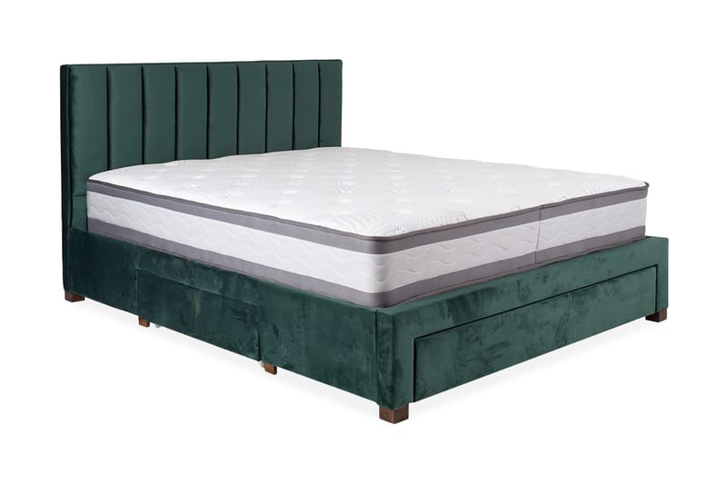 Grace Komplett Sängpaket med Förvaring 160x200 cm i Sammet med Sänggavel + Bäddmadrass, Grön