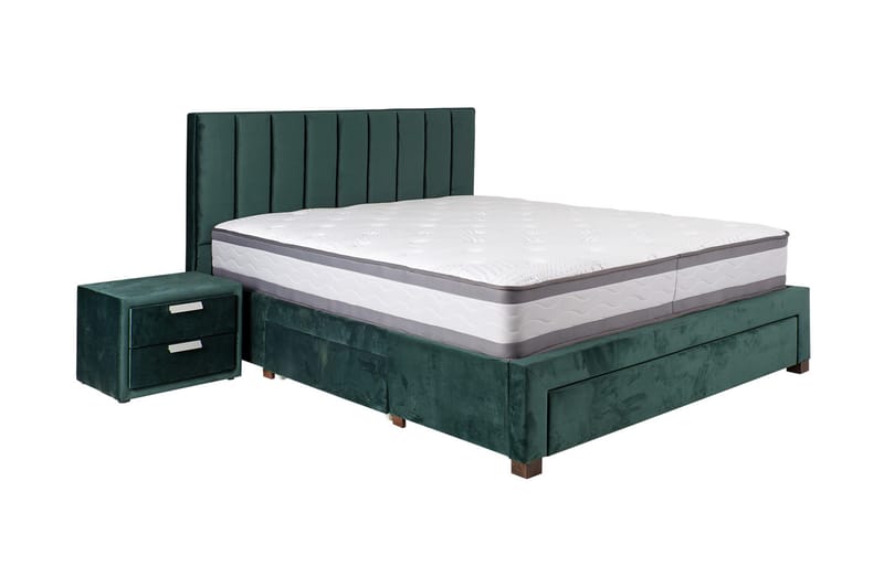 Grace Komplett Sängpaket med Förvaring 160x200 cm i Sammet med Sänggavel + Bäddmadrass - Grön - Möbler - Säng - Komplett sängpaket