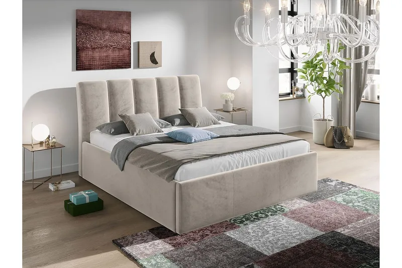 Aviemore Sängram 140x200 cm i Sammet med Sänggavel och Förvaring - Beige - Möbler - Säng - Sängram & sängstomme
