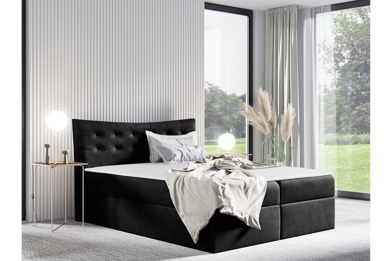 Hayton Komplett Sängpaket 120x200 cm i Sammet med Förvaring + Sänggavel + Bäddmadrass - Svart - Möbler - Säng - Sängram & sängstomme