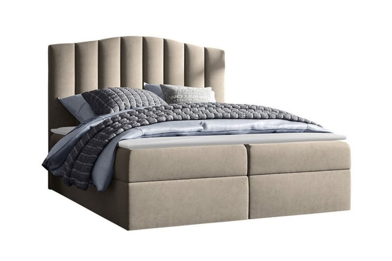 Herstello Komplett Sängpaket 120x200 cm i Sammet med Förvaring och Sänggavel + Bäddmadrass, Beige