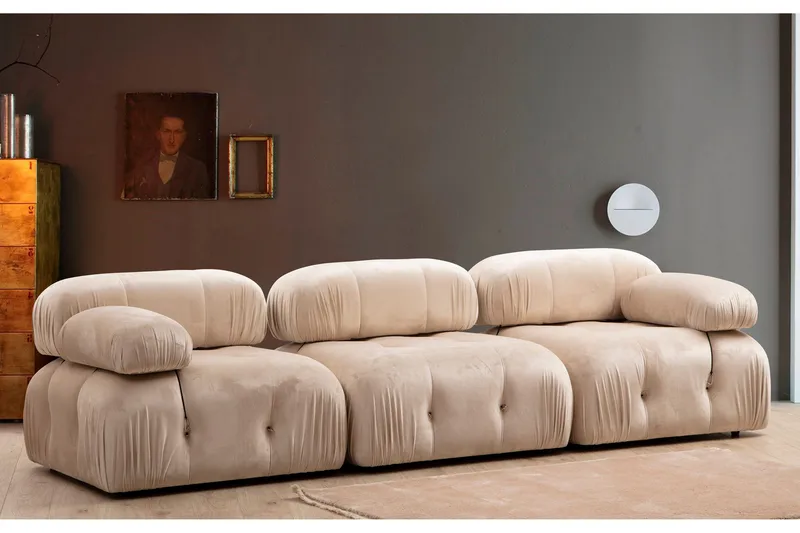 Belgin Bubblig Soffa 3-sits med fasta armstöd och repdetaljer - Beige - Möbler - Soffa - Modulsoffor - Komplett modulsoffa