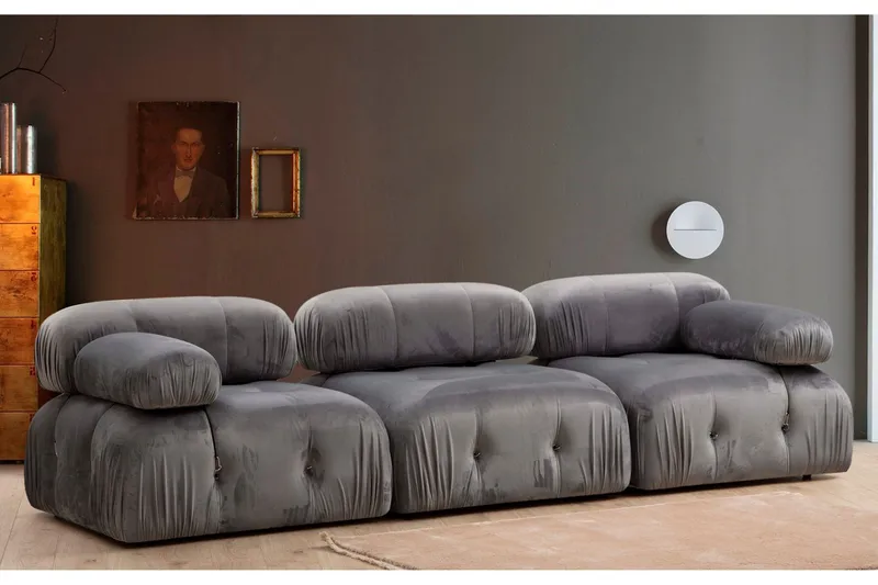 Belgin Bubblig Soffa 3-sits med fasta armstöd och repdetaljer - Grå - Möbler - Soffa - Modulsoffor - Komplett modulsoffa