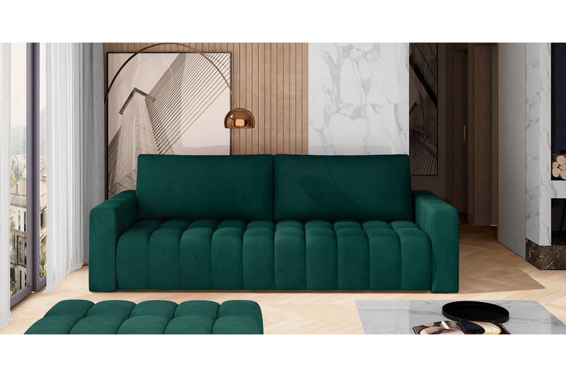 Alazaro 3-sits Bäddsoffa 125x197 cm med Förvaring i Plysch, Grön