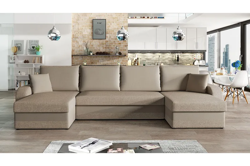 Alvared 4-sits Bäddsoffa med Dubbeldivan med Förvaring - Sammet/Beige - Möbler - Soffa - Bäddsoffa