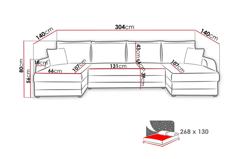 Alvared 4-sits Bäddsoffa med Dubbeldivan med Förvaring - Svart/Röd - Möbler - Soffa - Bäddsoffa