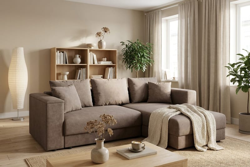 Bergen Extra djup 3-sits Bäddsoffa med Divan och Bäddmadrass i Memoryskum och Tvättbar klädsel - Brun - Möbler - Soffa - Bäddsoffa