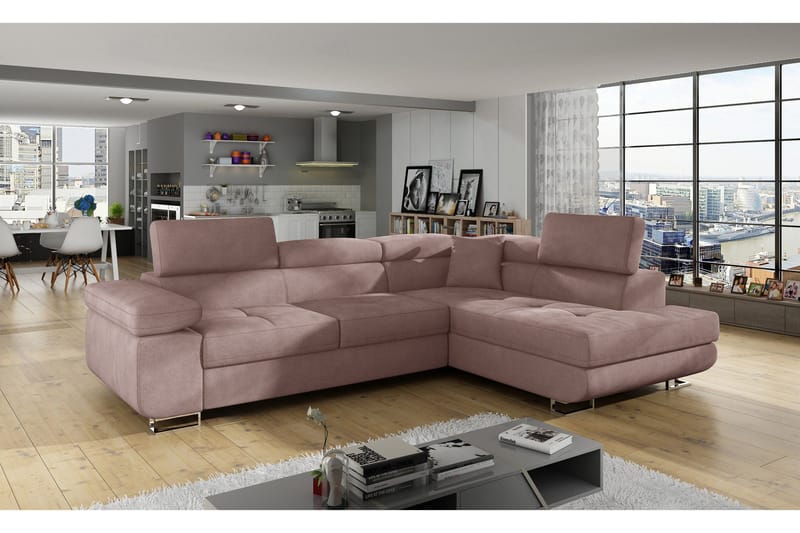 Bobis 3-sits Höger L-formad Hörnbäddsoffa med Schäslong i Plysch - Rosa - Möbler - Soffa - Bäddsoffa