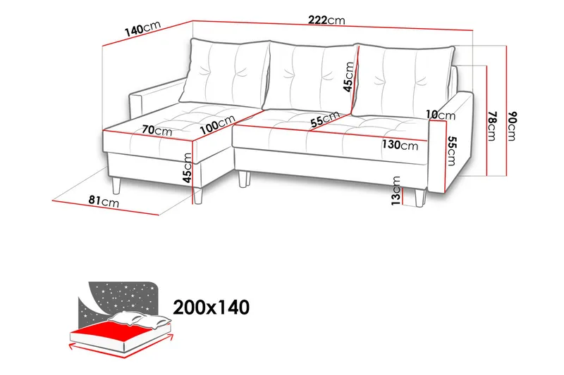 Bodo Divanbäddsoffa 222x140x90 cm - Grå - Möbler - Soffa - Bäddsoffa