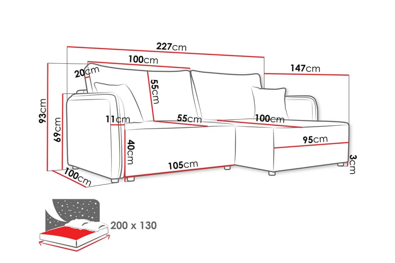 Chandru Bäddsoffa med Divan 3-sits i Plysch - Grå - Möbler - Soffa - Bäddsoffa