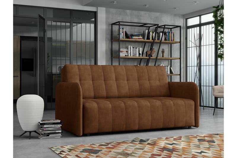 Denegal 3-sits Utdragbar Bäddsoffa 152x196 cm med Förvaring i Tyg - Cognac - Möbler - Soffa - Bäddsoffa