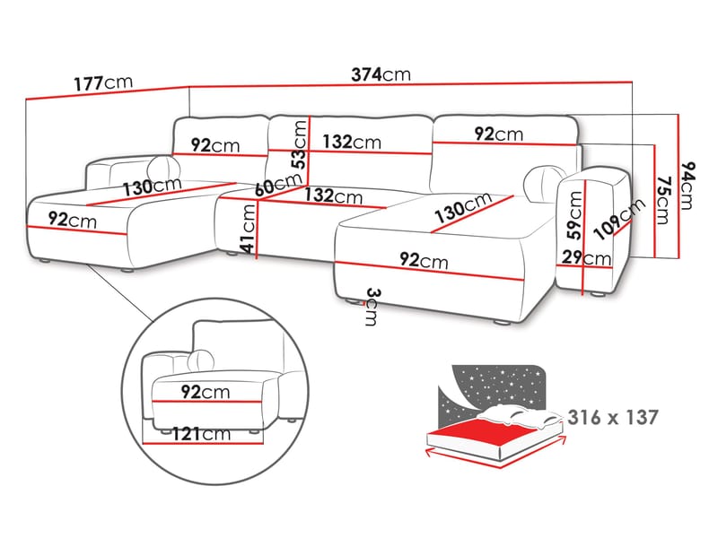 Elvior 5-sits U-formad bäddsoffa med dubbeldivan - grå - Möbler - Soffa - Bäddsoffa