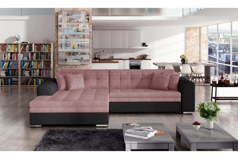 Falseti Vänstervänd L-Formad Bäddsoffa Längsbäddad 126 cm i Tyg och Läder, Rosa|Svart