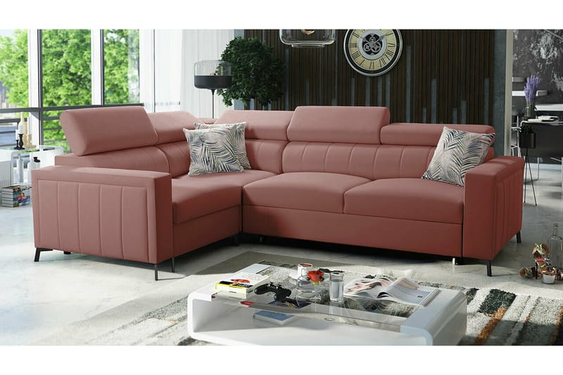 Galbally 3-sits Hörnbäddsoffa Vänster 275x198 cm med Förvaring i Sammet - Rosa - Möbler - Soffa - Bäddsoffa