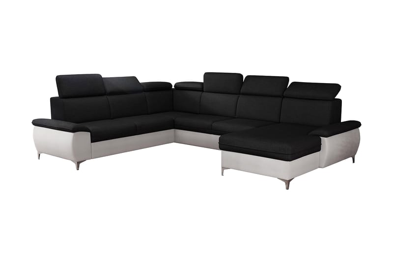 Karkula Höger Hörnbäddsoffa Bäddbar 128x275 cm med Förvaring i Tyg, Vit|Svart