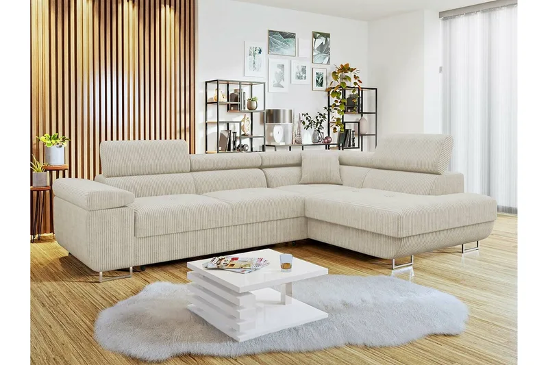 Kintore 4-sits Högervänd L-formad Hörnbäddsoffa 125x198 cm i Manchestertyg - Beige - Möbler - Soffa - Bäddsoffa