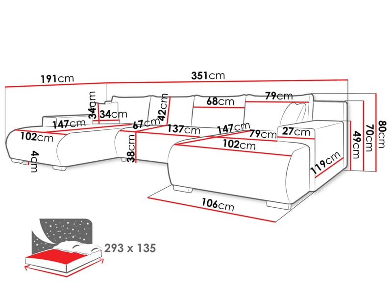 Krysen 4-sits Bäddsoffa med dubbeldivan - grå - Möbler - Soffa - Bäddsoffa